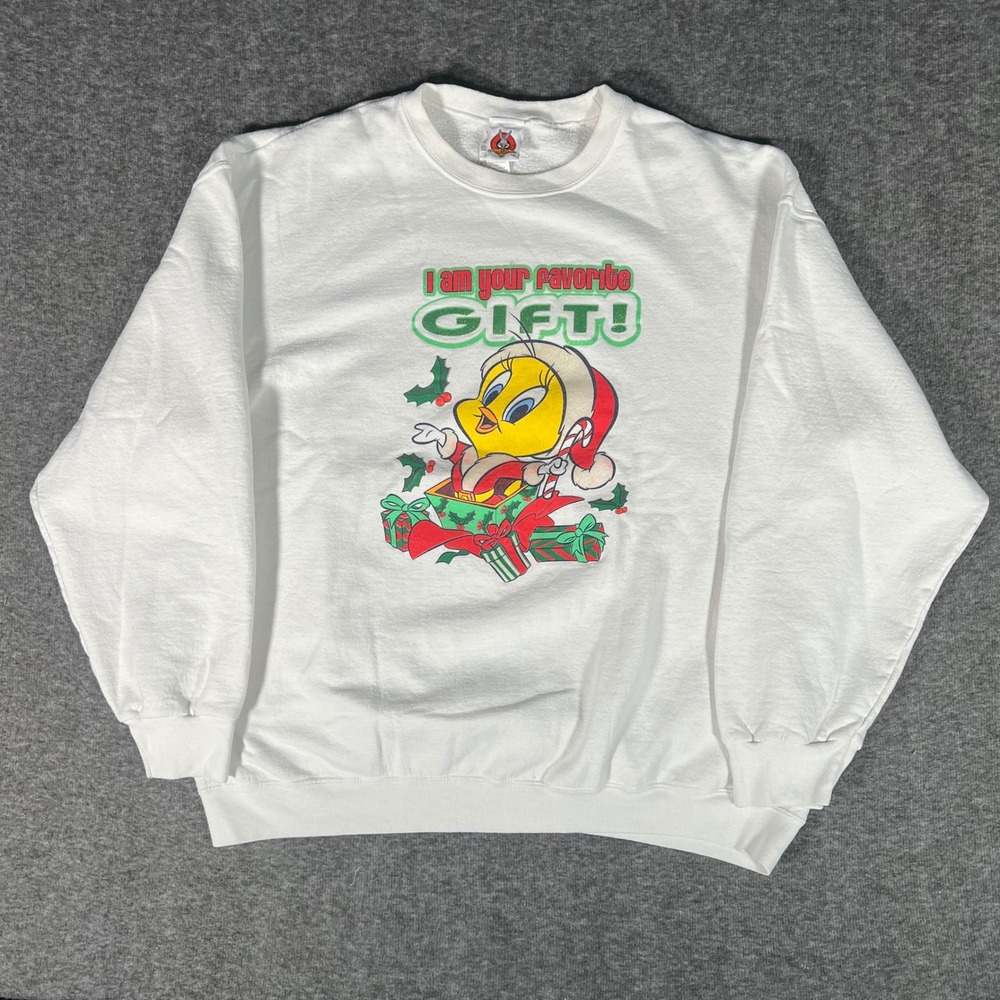 Vintage Looney Tunes Tweety Bird Christmas Sweatshirt White XL Favorite Gift